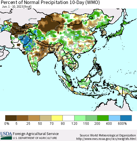 Asia Percent of Normal Precipitation 10-Day (WMO) Thematic Map For 6/1/2023 - 6/10/2023