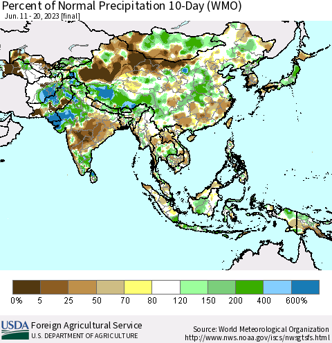 Asia Percent of Normal Precipitation 10-Day (WMO) Thematic Map For 6/11/2023 - 6/20/2023