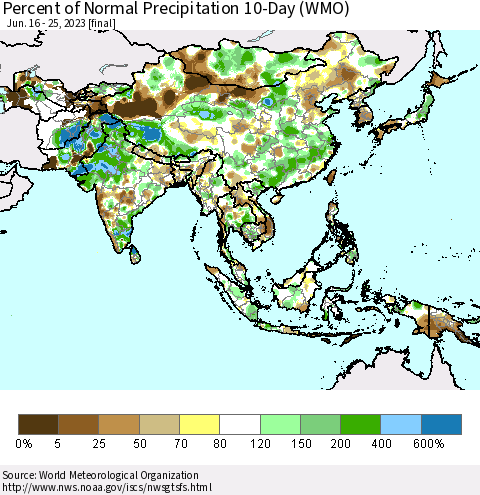 Asia Percent of Normal Precipitation 10-Day (WMO) Thematic Map For 6/16/2023 - 6/25/2023