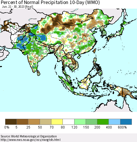 Asia Percent of Normal Precipitation 10-Day (WMO) Thematic Map For 6/21/2023 - 6/30/2023