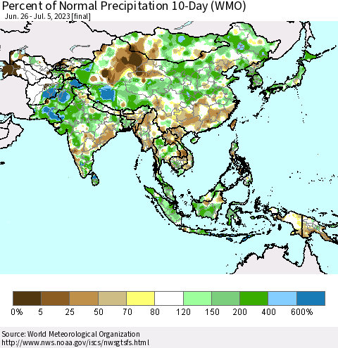 Asia Percent of Normal Precipitation 10-Day (WMO) Thematic Map For 6/26/2023 - 7/5/2023