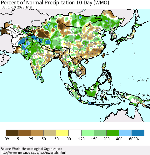 Asia Percent of Normal Precipitation 10-Day (WMO) Thematic Map For 7/1/2023 - 7/10/2023