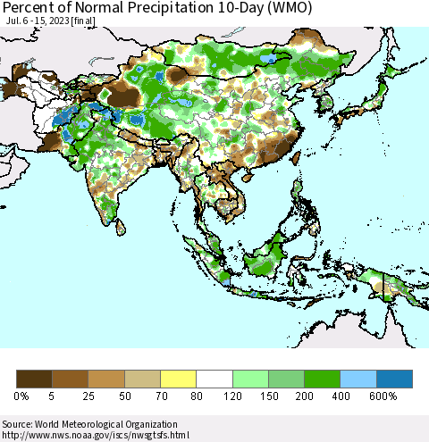 Asia Percent of Normal Precipitation 10-Day (WMO) Thematic Map For 7/6/2023 - 7/15/2023