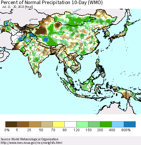 Asia Percent of Normal Precipitation 10-Day (WMO) Thematic Map For 7/11/2023 - 7/20/2023