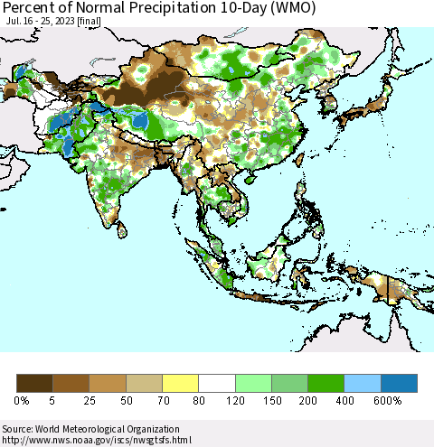 Asia Percent of Normal Precipitation 10-Day (WMO) Thematic Map For 7/16/2023 - 7/25/2023