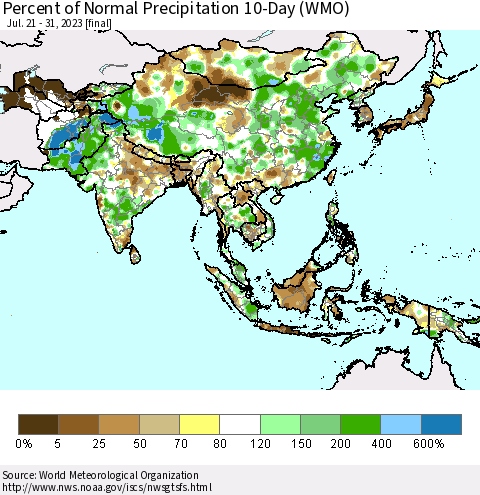 Asia Percent of Normal Precipitation 10-Day (WMO) Thematic Map For 7/21/2023 - 7/31/2023