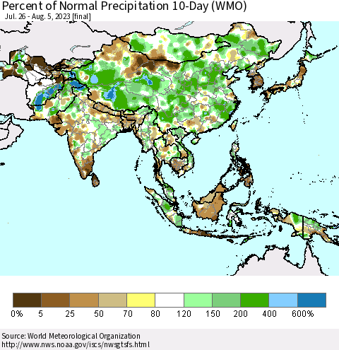 Asia Percent of Normal Precipitation 10-Day (WMO) Thematic Map For 7/26/2023 - 8/5/2023