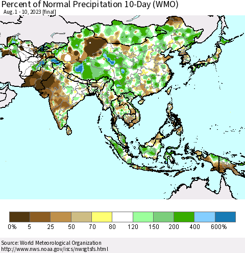 Asia Percent of Normal Precipitation 10-Day (WMO) Thematic Map For 8/1/2023 - 8/10/2023