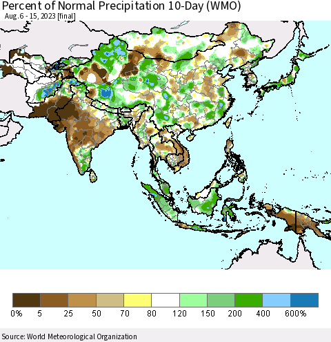 Asia Percent of Normal Precipitation 10-Day (WMO) Thematic Map For 8/6/2023 - 8/15/2023