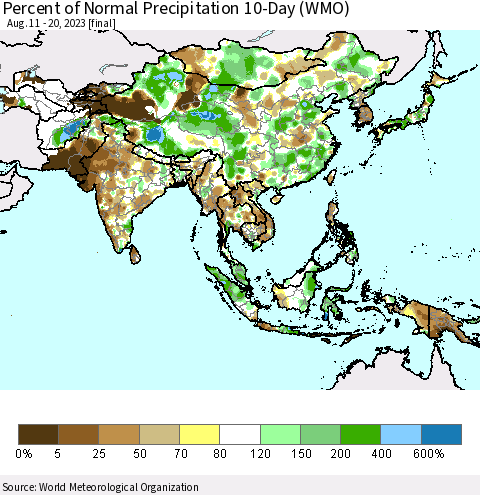 Asia Percent of Normal Precipitation 10-Day (WMO) Thematic Map For 8/11/2023 - 8/20/2023