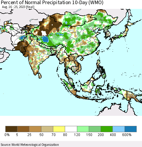 Asia Percent of Normal Precipitation 10-Day (WMO) Thematic Map For 8/16/2023 - 8/25/2023