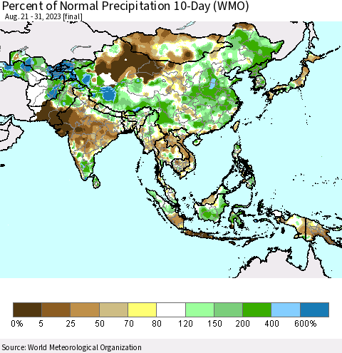 Asia Percent of Normal Precipitation 10-Day (WMO) Thematic Map For 8/21/2023 - 8/31/2023