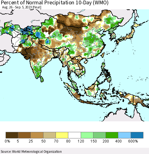 Asia Percent of Normal Precipitation 10-Day (WMO) Thematic Map For 8/26/2023 - 9/5/2023