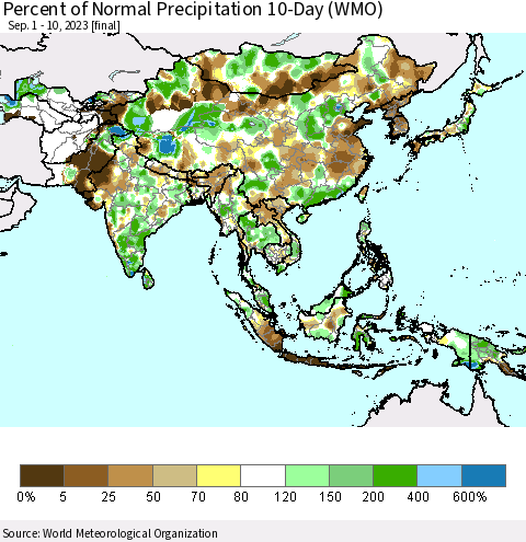 Asia Percent of Normal Precipitation 10-Day (WMO) Thematic Map For 9/1/2023 - 9/10/2023