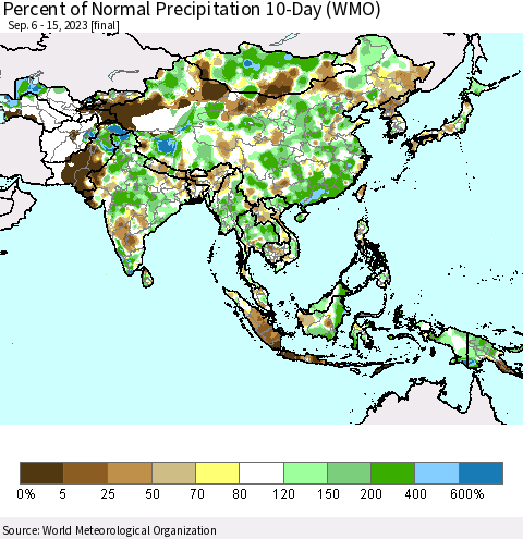 Asia Percent of Normal Precipitation 10-Day (WMO) Thematic Map For 9/6/2023 - 9/15/2023