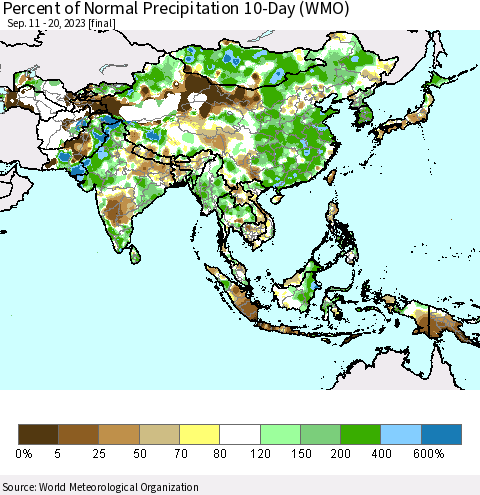 Asia Percent of Normal Precipitation 10-Day (WMO) Thematic Map For 9/11/2023 - 9/20/2023