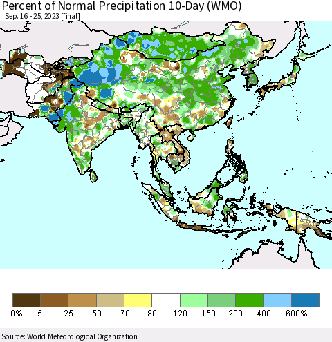 Asia Percent of Normal Precipitation 10-Day (WMO) Thematic Map For 9/16/2023 - 9/25/2023