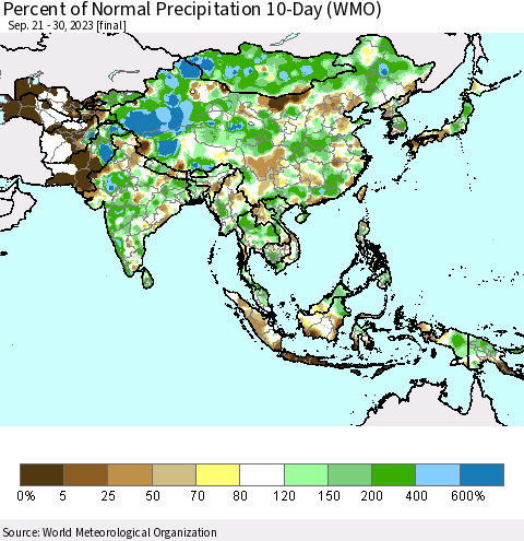 Asia Percent of Normal Precipitation 10-Day (WMO) Thematic Map For 9/21/2023 - 9/30/2023