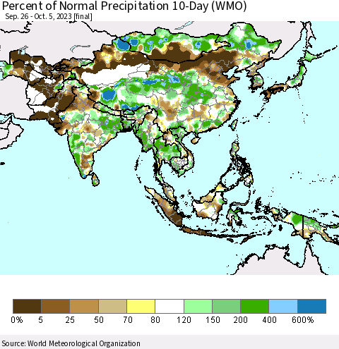 Asia Percent of Normal Precipitation 10-Day (WMO) Thematic Map For 9/26/2023 - 10/5/2023