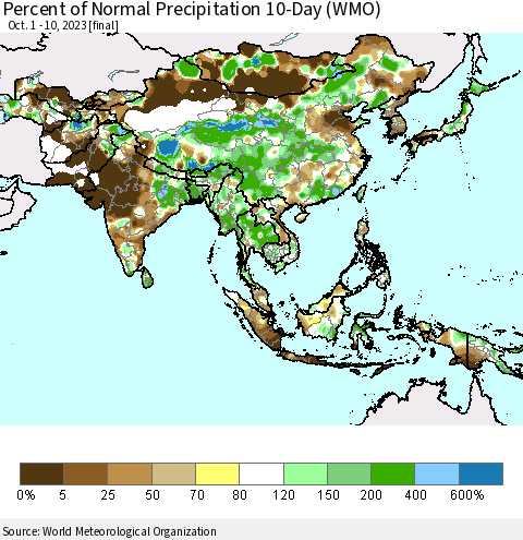 Asia Percent of Normal Precipitation 10-Day (WMO) Thematic Map For 10/1/2023 - 10/10/2023