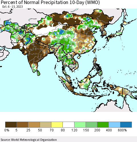 Asia Percent of Normal Precipitation 10-Day (WMO) Thematic Map For 10/6/2023 - 10/15/2023