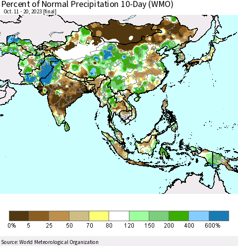 Asia Percent of Normal Precipitation 10-Day (WMO) Thematic Map For 10/11/2023 - 10/20/2023