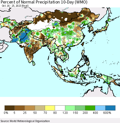 Asia Percent of Normal Precipitation 10-Day (WMO) Thematic Map For 10/16/2023 - 10/25/2023