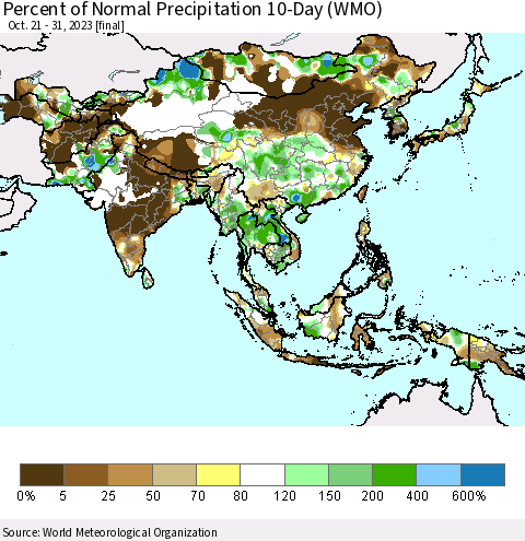 Asia Percent of Normal Precipitation 10-Day (WMO) Thematic Map For 10/21/2023 - 10/31/2023