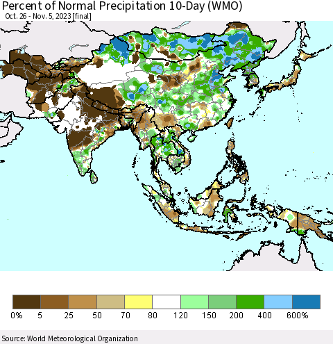 Asia Percent of Normal Precipitation 10-Day (WMO) Thematic Map For 10/26/2023 - 11/5/2023
