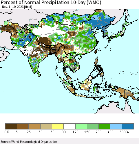 Asia Percent of Normal Precipitation 10-Day (WMO) Thematic Map For 11/1/2023 - 11/10/2023