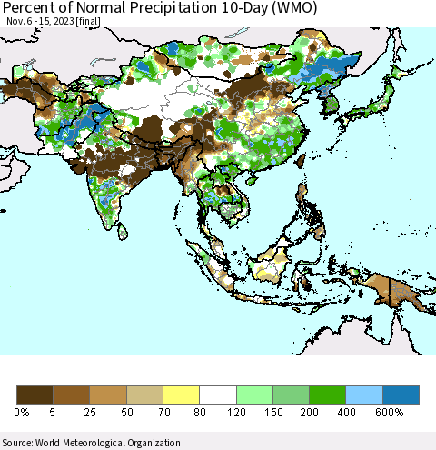 Asia Percent of Normal Precipitation 10-Day (WMO) Thematic Map For 11/6/2023 - 11/15/2023