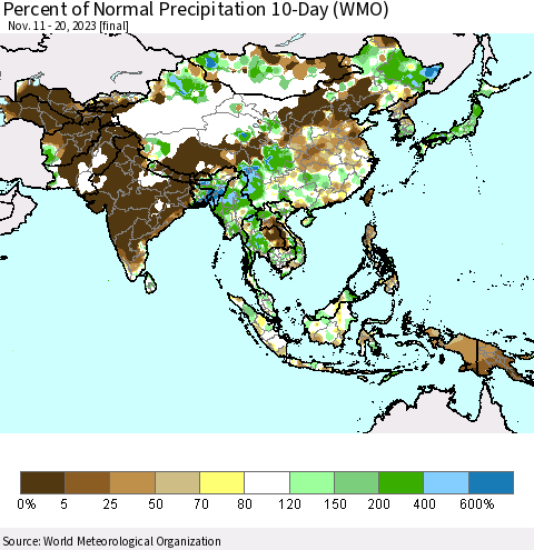 Asia Percent of Normal Precipitation 10-Day (WMO) Thematic Map For 11/11/2023 - 11/20/2023