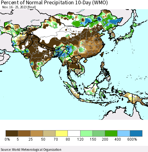 Asia Percent of Normal Precipitation 10-Day (WMO) Thematic Map For 11/16/2023 - 11/25/2023