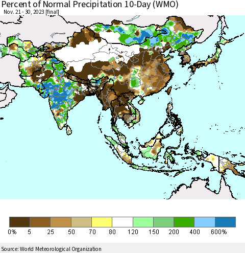 Asia Percent of Normal Precipitation 10-Day (WMO) Thematic Map For 11/21/2023 - 11/30/2023