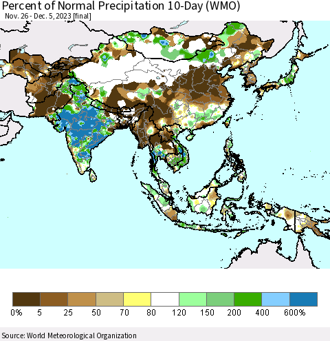 Asia Percent of Normal Precipitation 10-Day (WMO) Thematic Map For 11/26/2023 - 12/5/2023