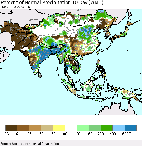 Asia Percent of Normal Precipitation 10-Day (WMO) Thematic Map For 12/1/2023 - 12/10/2023