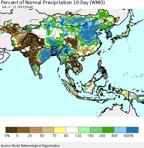 Asia Percent of Normal Precipitation 10-Day (WMO) Thematic Map For 12/6/2023 - 12/15/2023