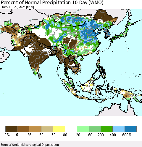 Asia Percent of Normal Precipitation 10-Day (WMO) Thematic Map For 12/11/2023 - 12/20/2023