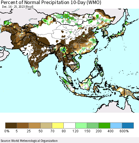 Asia Percent of Normal Precipitation 10-Day (WMO) Thematic Map For 12/16/2023 - 12/25/2023