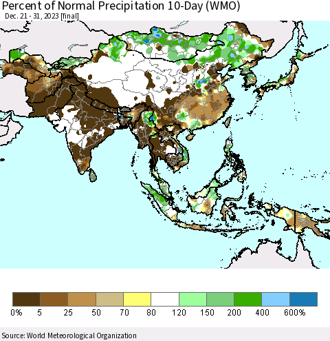 Asia Percent of Normal Precipitation 10-Day (WMO) Thematic Map For 12/21/2023 - 12/31/2023