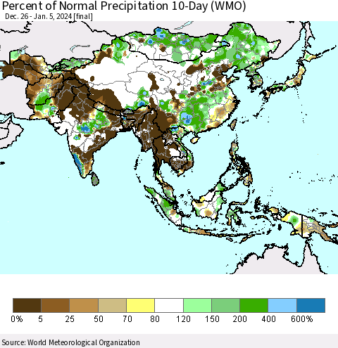 Asia Percent of Normal Precipitation 10-Day (WMO) Thematic Map For 12/26/2023 - 1/5/2024