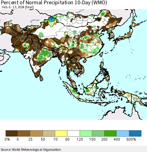 Asia Percent of Normal Precipitation 10-Day (WMO) Thematic Map For 2/6/2024 - 2/15/2024