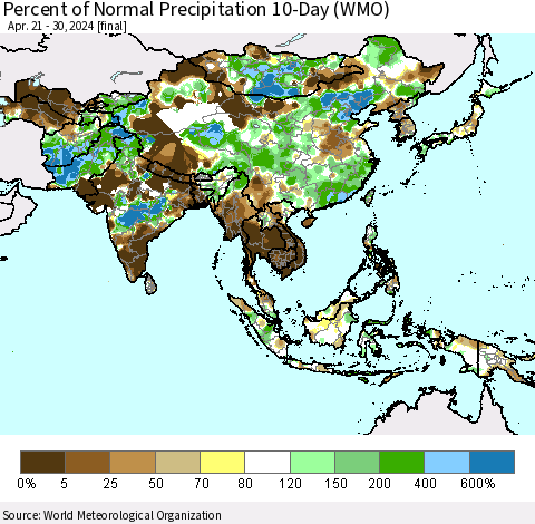 Asia Percent of Normal Precipitation 10-Day (WMO) Thematic Map For 4/21/2024 - 4/30/2024