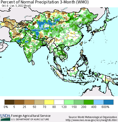 Asia Percent of Normal Precipitation 3-Month (WMO) Thematic Map For 10/6/2021 - 1/5/2022