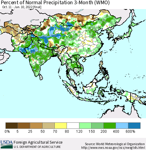 Asia Percent of Normal Precipitation 3-Month (WMO) Thematic Map For 10/11/2021 - 1/10/2022