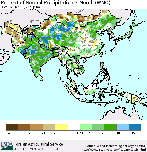 Asia Percent of Normal Precipitation 3-Month (WMO) Thematic Map For 10/16/2021 - 1/15/2022