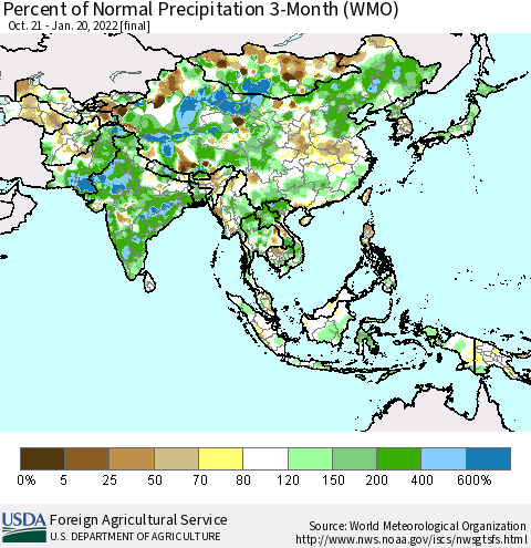 Asia Percent of Normal Precipitation 3-Month (WMO) Thematic Map For 10/21/2021 - 1/20/2022