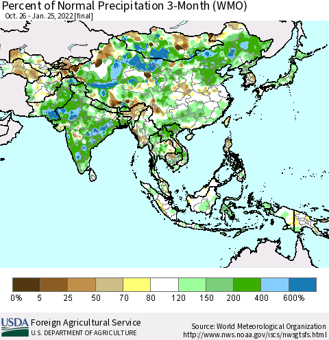 Asia Percent of Normal Precipitation 3-Month (WMO) Thematic Map For 10/26/2021 - 1/25/2022