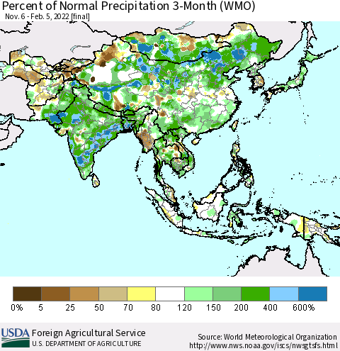 Asia Percent of Normal Precipitation 3-Month (WMO) Thematic Map For 11/6/2021 - 2/5/2022