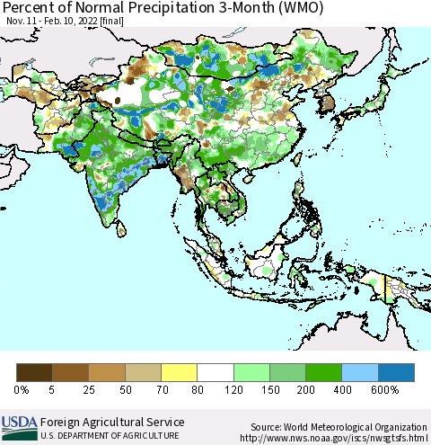 Asia Percent of Normal Precipitation 3-Month (WMO) Thematic Map For 11/11/2021 - 2/10/2022